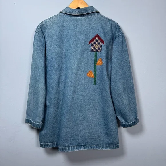 VTG Women XL Denim Coat Jacket‎ Applique Birdhouse Patchwork Cottage Barn Chore - Picture 2 of 16